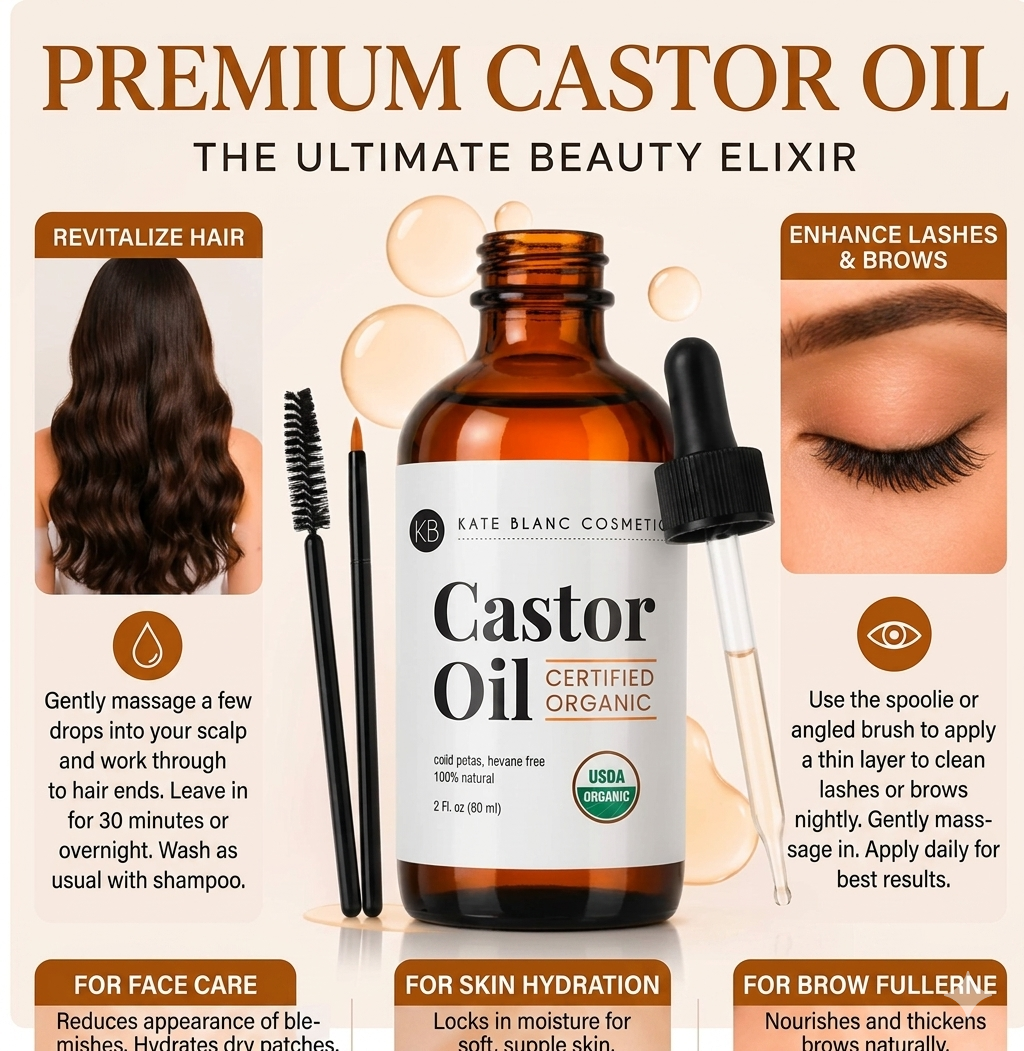 Aceite de Castor Oil Orgánico Premium – 100% Puro, Prensado en Frío para Cabello, Pestañas, Cejas y Piel